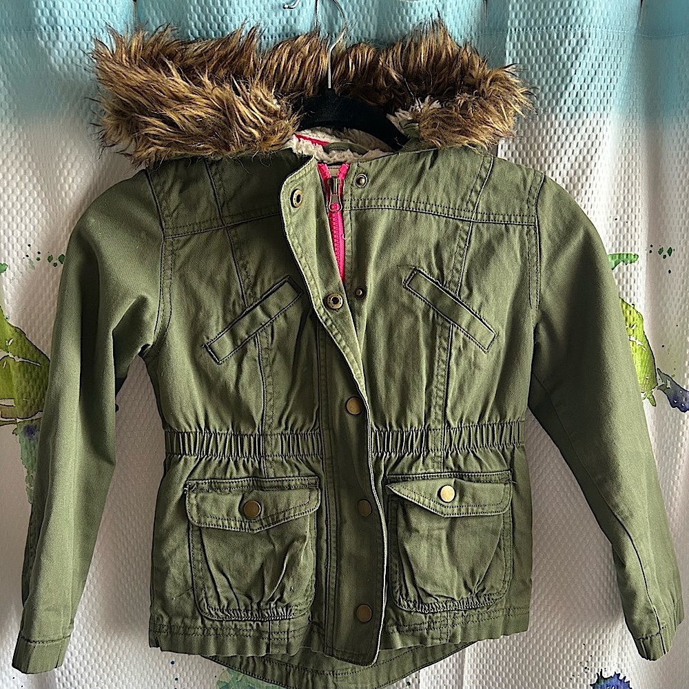 Olive Green Jacket with Faux Fur Hood - Picture 1 of 3